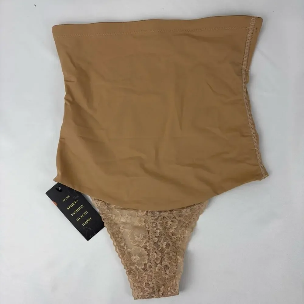 NWT Womens Lace Thong Shapewear Mid to High Waisted Shaper Thong Beige, Small